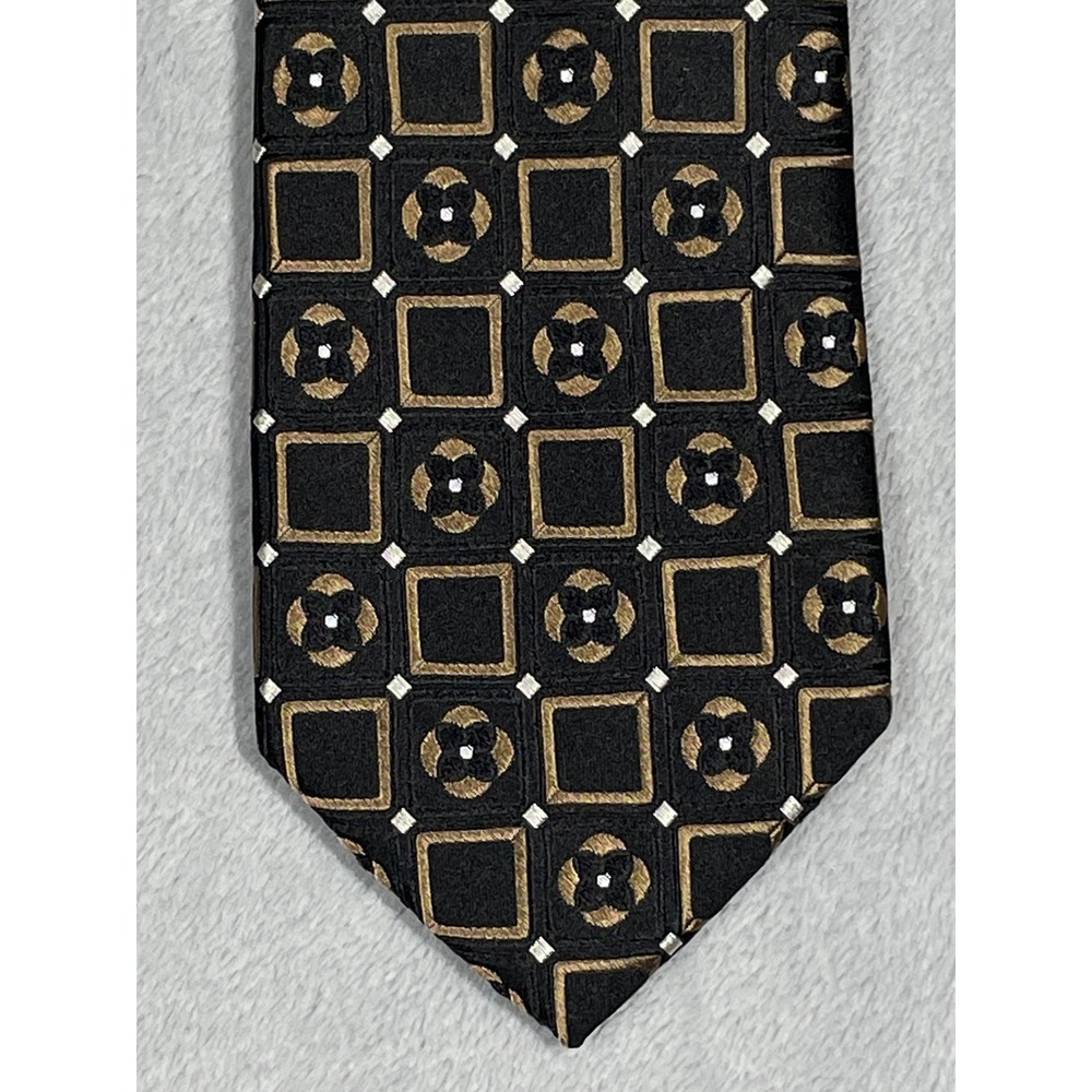 Ike Behar New York Men Silk Necktie Black Gold Geometric Medallion Hand Tailored